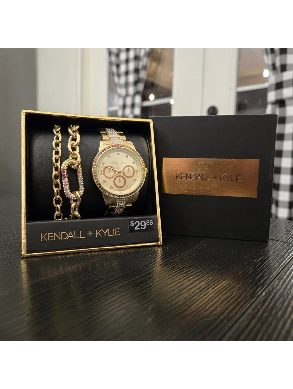 Kendall Kylie Gold Tone Rainbow Rhinestone Watch Bracelet Set Womens New In Box